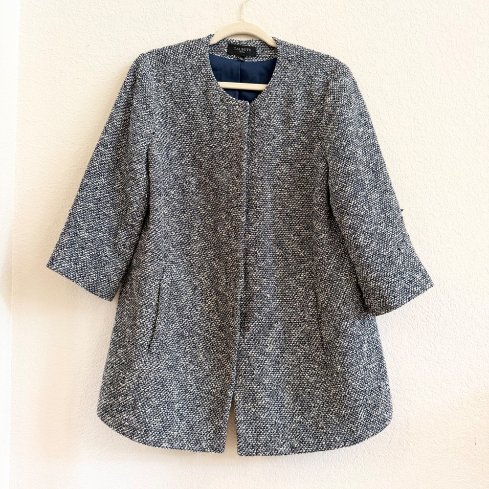 Talbots Petites Navy Blue White Tweed Collarless Car Coat Jacket Size LP